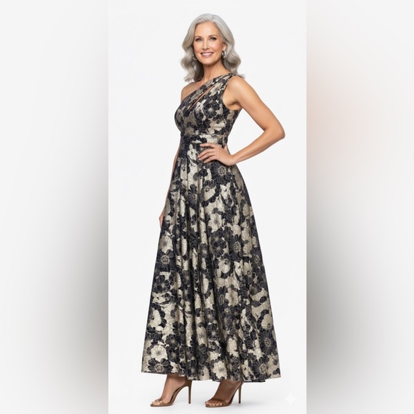 Betsy & Adam Dresses & Skirts - Betsy & Adam Navy and Gold Floral One-Shoulder Long Dress Gown Size 14 NWT